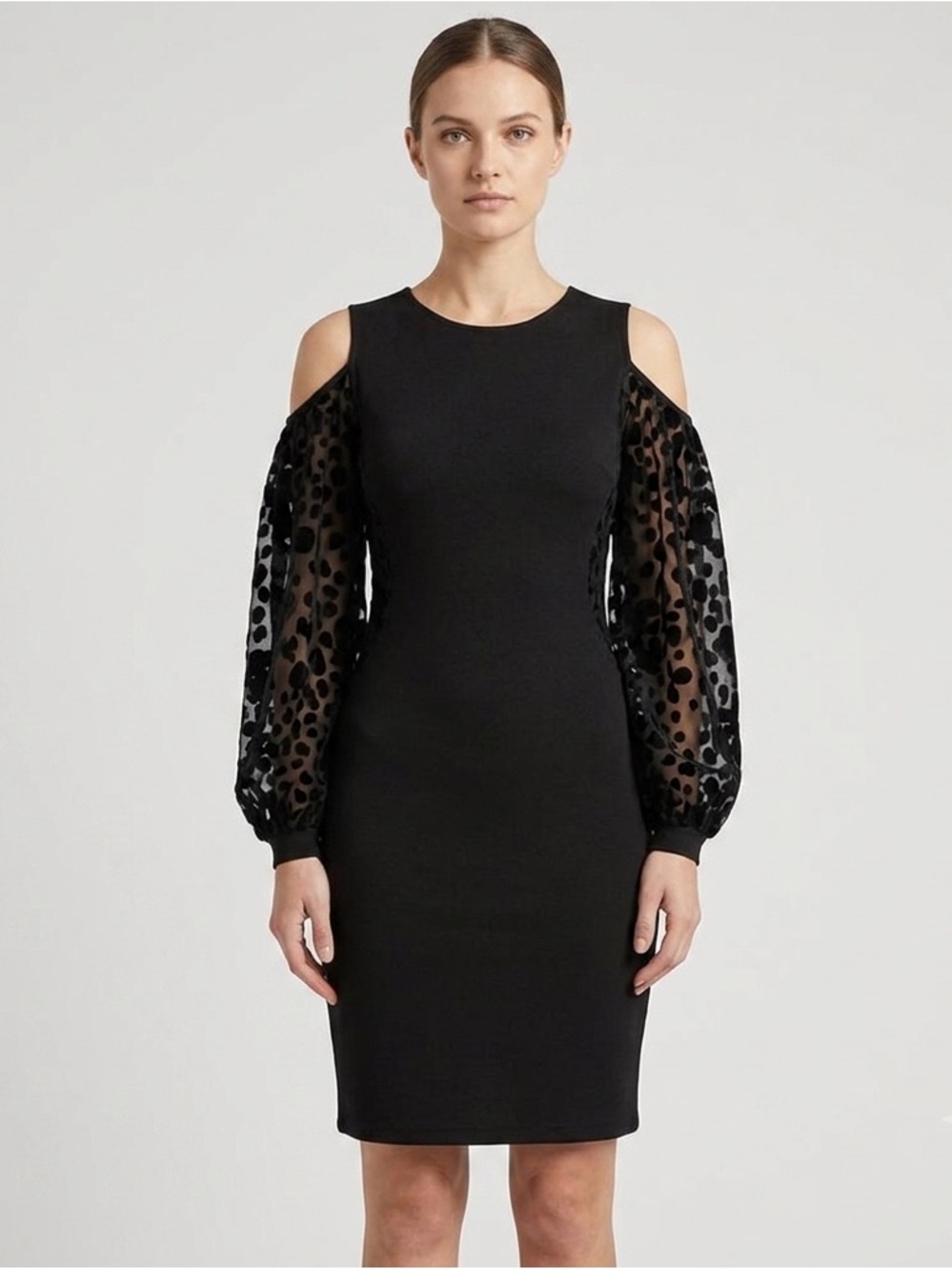 Katharine Kidd Cold Shoulder Dress 2 Black Silk Organza Dot Sleeve NWT USA